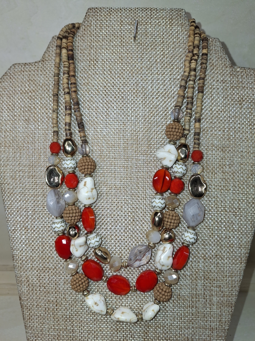 Multi-Strand Red and Neutral Bead Necklace - Brand:
